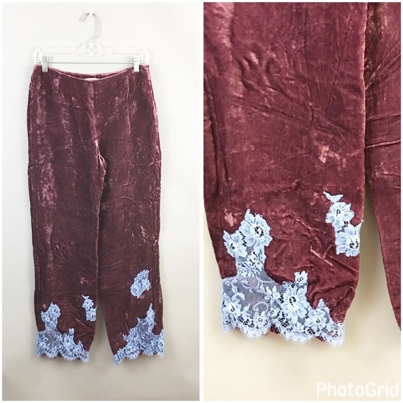 Vintage Pants - Vtg burgundy crushed velvet blue lace pants sz 6